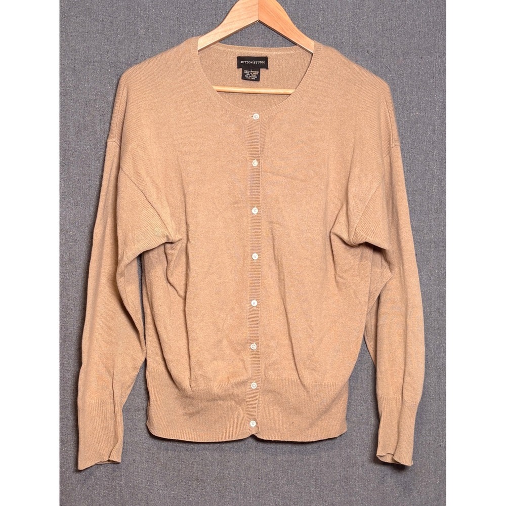 Sutton Studio Womens Large 100% Cashmere Cardigan Sweater Tan Camel Button Front
